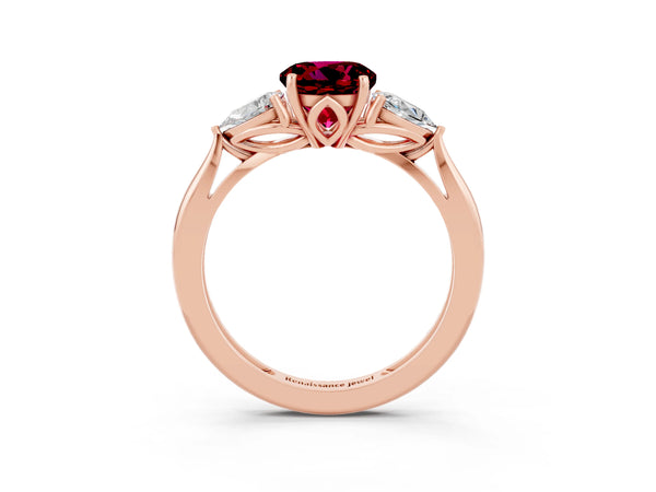 Rose gold Three-Stone Round Cut Garnet Ring with Pear  Side Stones in Four-Prong Setting