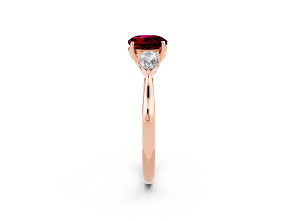 Rose Gold Round Garnet Three Stone Engagement Ring with Pear Side Stones and Thin Band