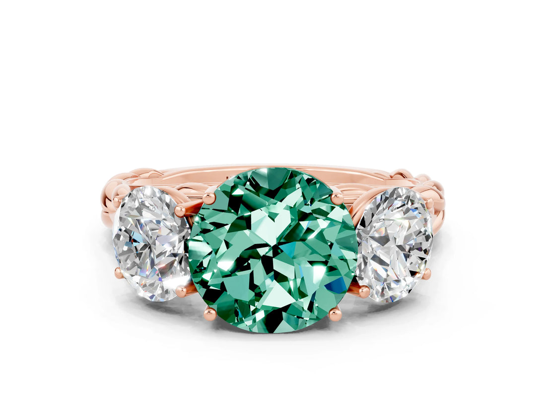 Rose gold Three-Stone Round Cut Green Sapphire Braided Band Ring with Four-Prong Setting_12