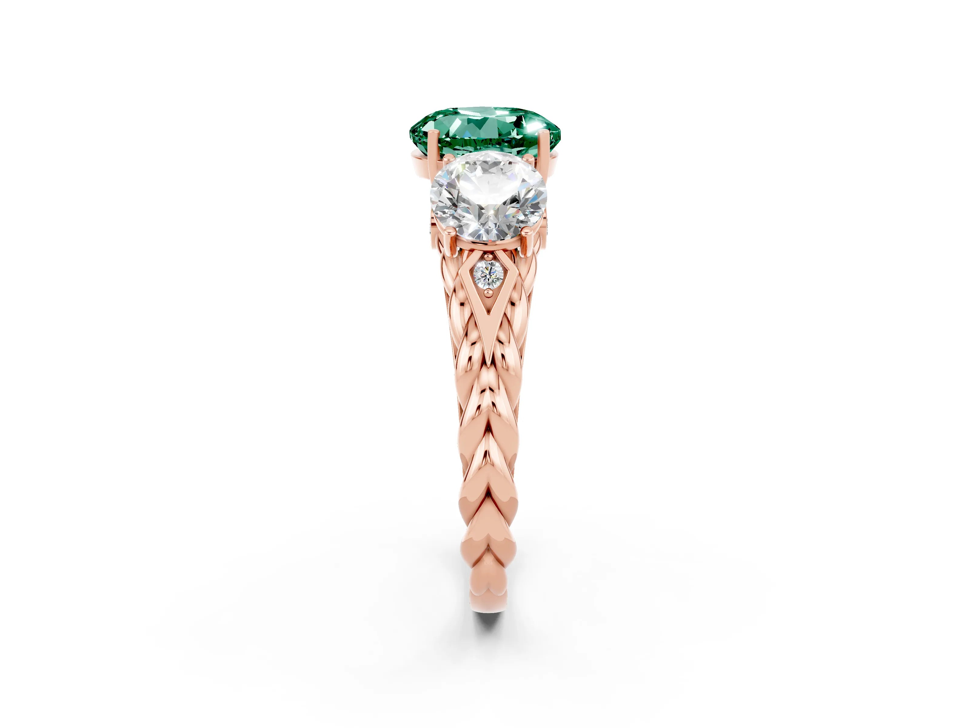 Rose gold Three-Stone Round Cut Green Sapphire Braided Band Ring with Four-Prong Setting_14
