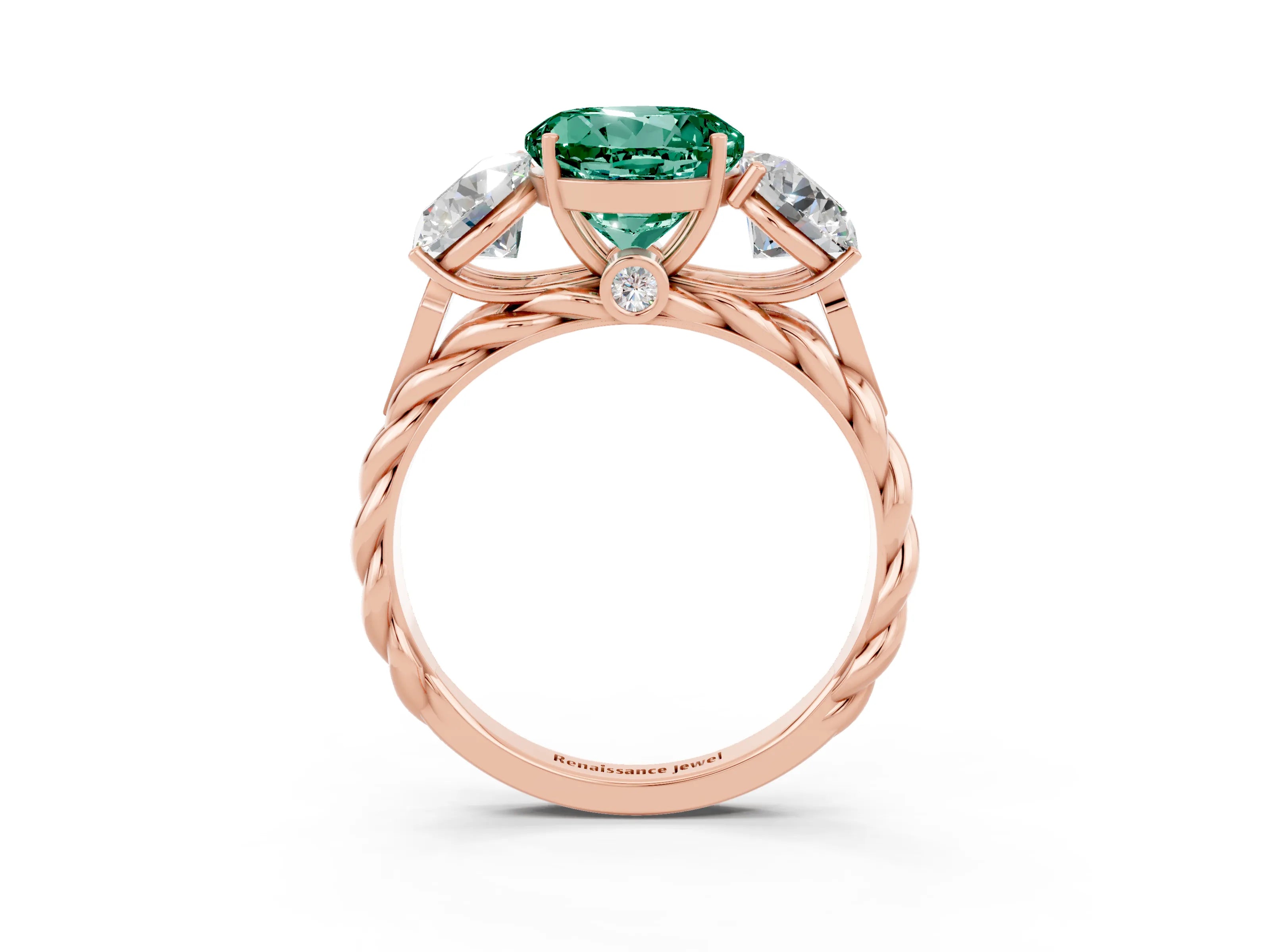 Rose gold Three-Stone Round Cut Green Sapphire Braided Band Ring with Four-Prong Setting_15