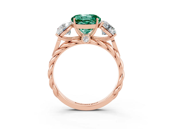 Rose gold Three-Stone Round Cut Green Sapphire Braided Band Ring with Four-Prong Setting