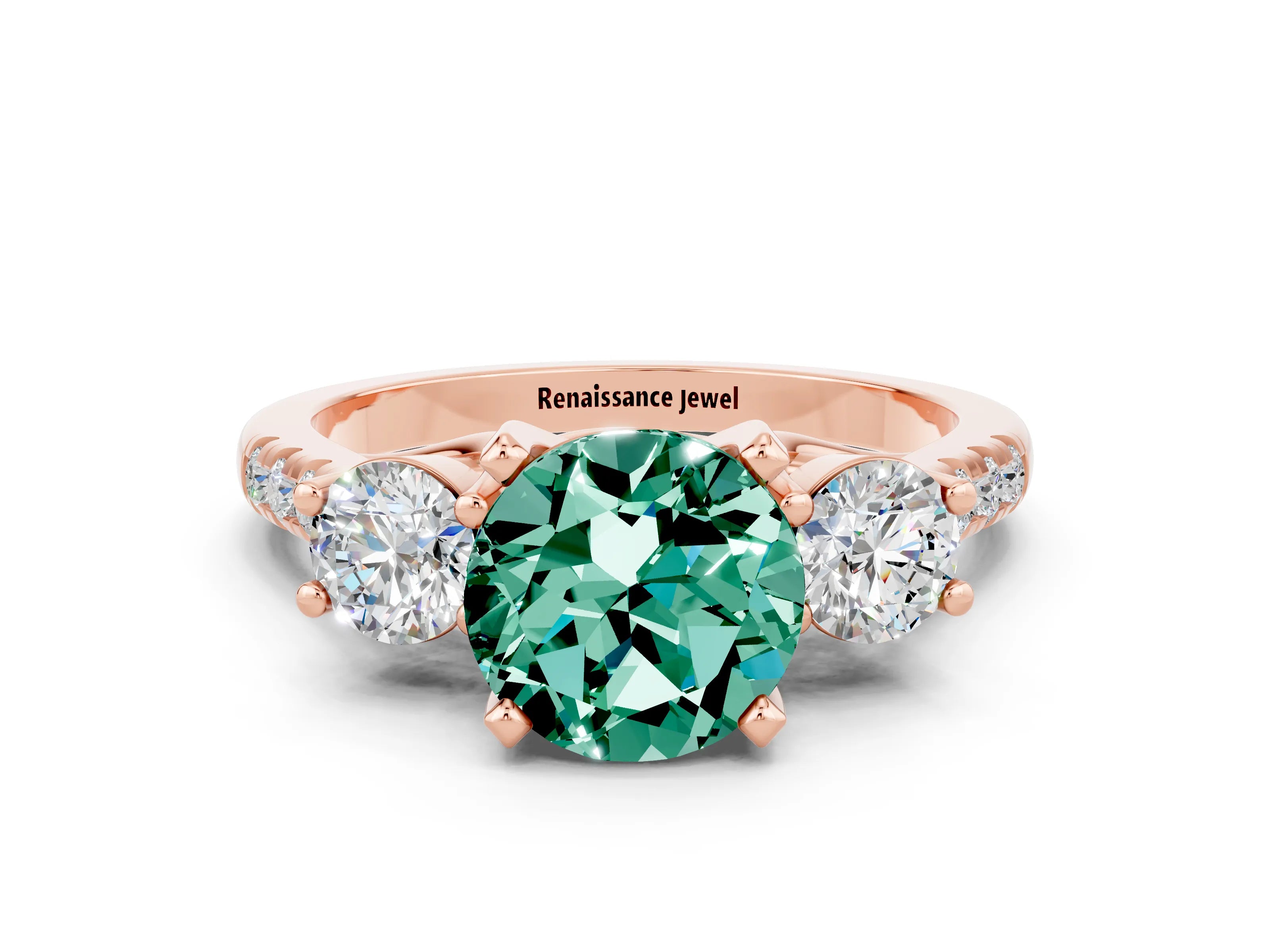 Rose gold Three-Stone Round Cut Green Sapphire Pavé Band with Four-Prong Setting
