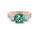 Rose gold Three-Stone Round Cut Green Sapphire Pavé Band with Four-Prong Setting
