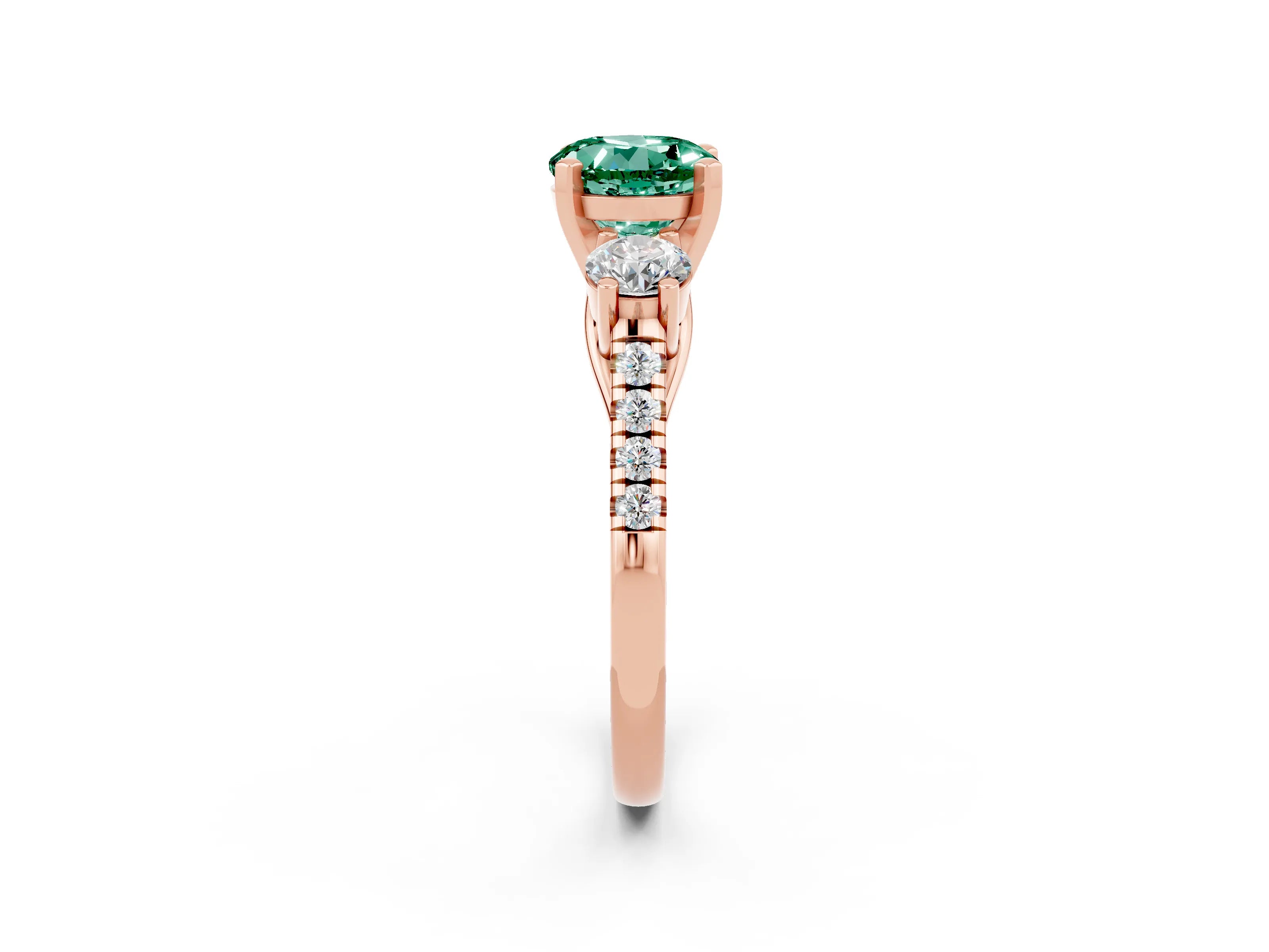 Rose gold Three-Stone Round Cut Green Sapphire Pavé Band with Four-Prong Setting_2