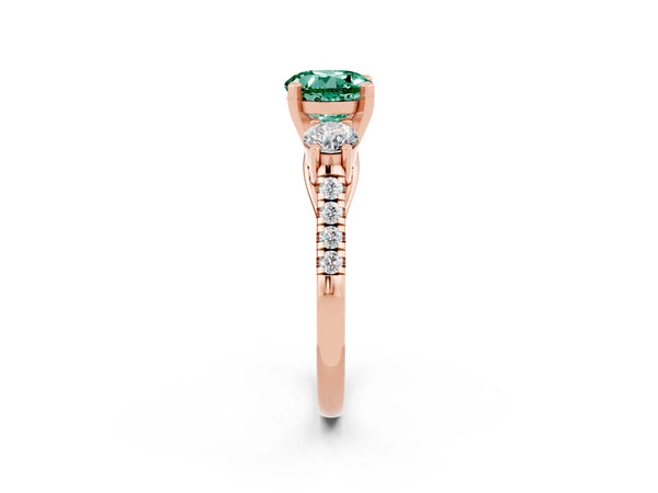 Rose gold Three-Stone Round Cut Green Sapphire Pavé Band with Four-Prong Setting