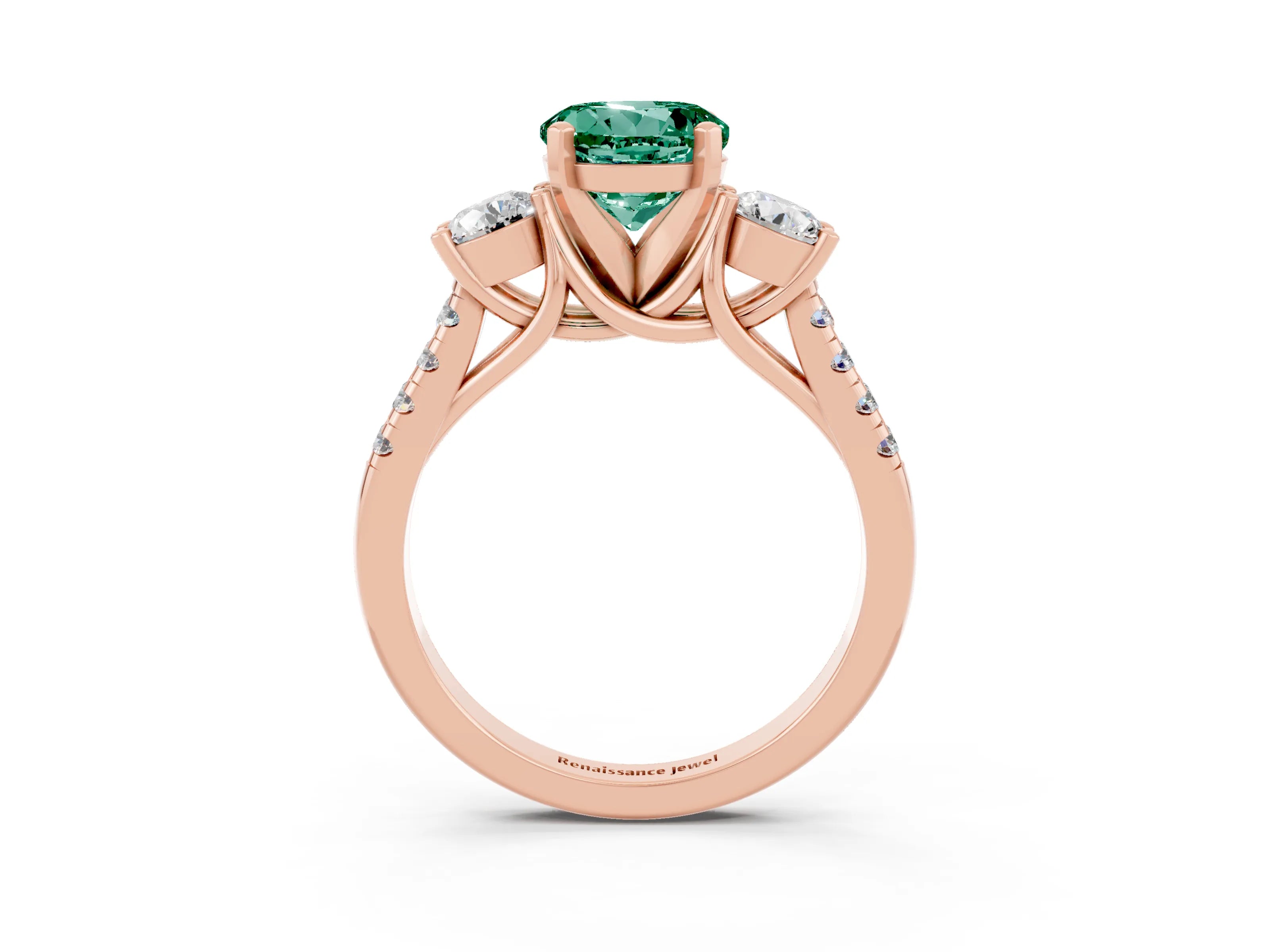 Rose gold Three-Stone Round Cut Green Sapphire Pavé Band with Four-Prong Setting_3