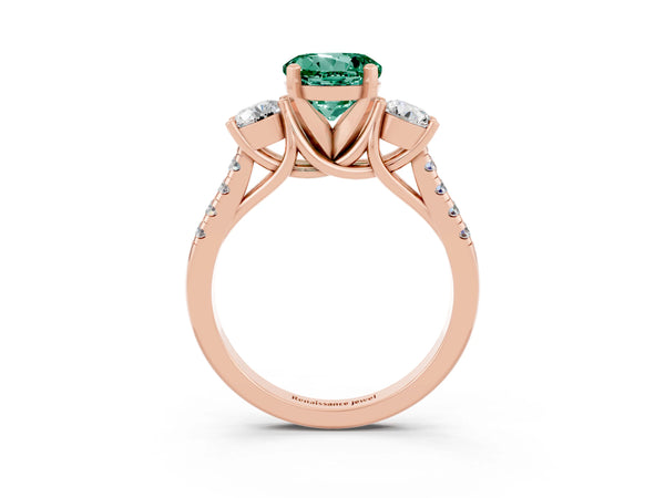 Rose gold Three-Stone Round Cut Green Sapphire Pavé Band with Four-Prong Setting