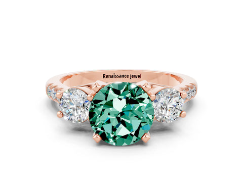 Rose gold Three-Stone Round Cut Green Sapphire Pavé Band with Four-Prong Setting