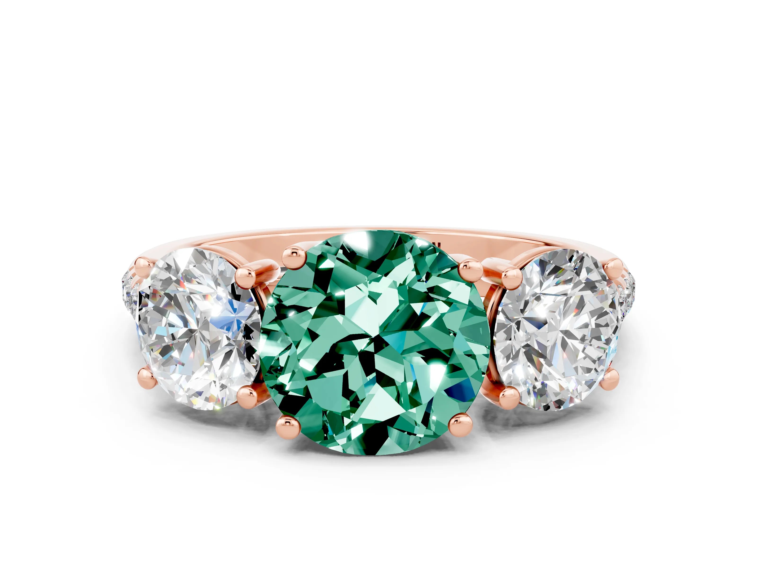 Rose gold Three-Stone Round Cut Green Sapphire Ring with Pavé Band and Prong Setting_12