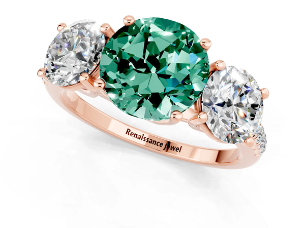 Rose gold Three-Stone Round Cut Green Sapphire Ring with Round  Pavé Band and Prong Setting