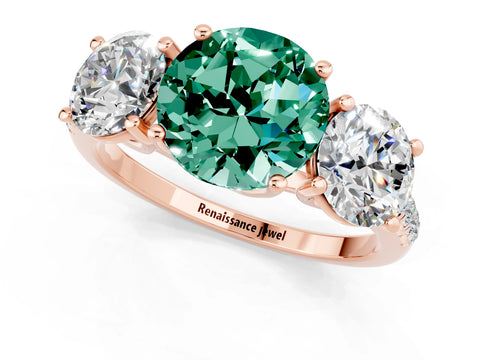 Rose gold Three-Stone Round Cut Green Sapphire Ring with Pavé Band and Prong Setting_13
