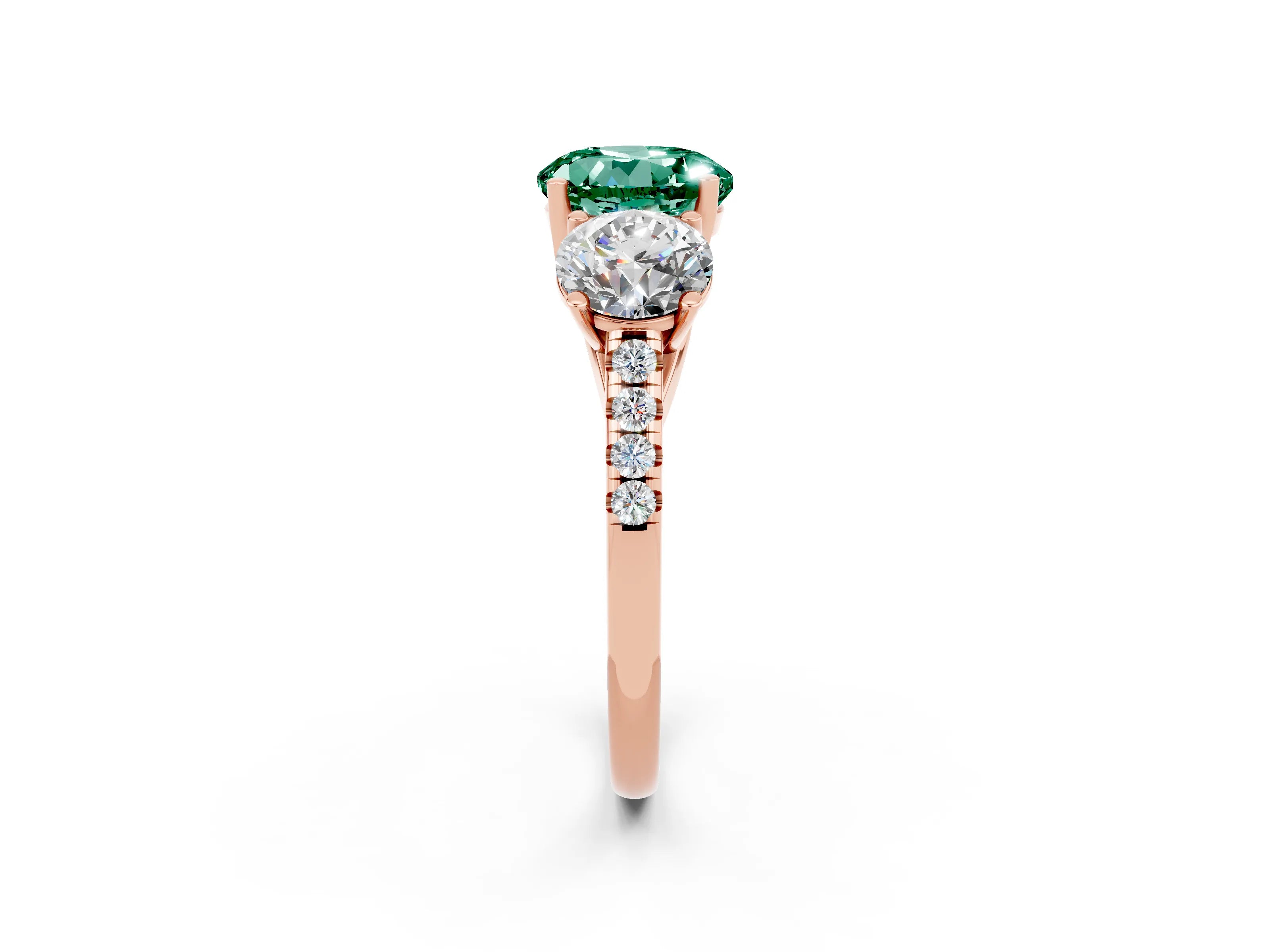 Rose gold Three-Stone Round Cut Green Sapphire Ring with Pavé Band and Prong Setting_14