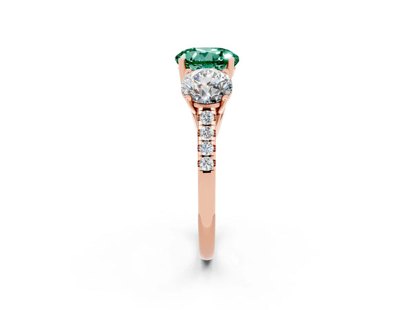 Rose gold Three-Stone Round Cut Green Sapphire Ring with Round  Pavé Band and Prong Setting