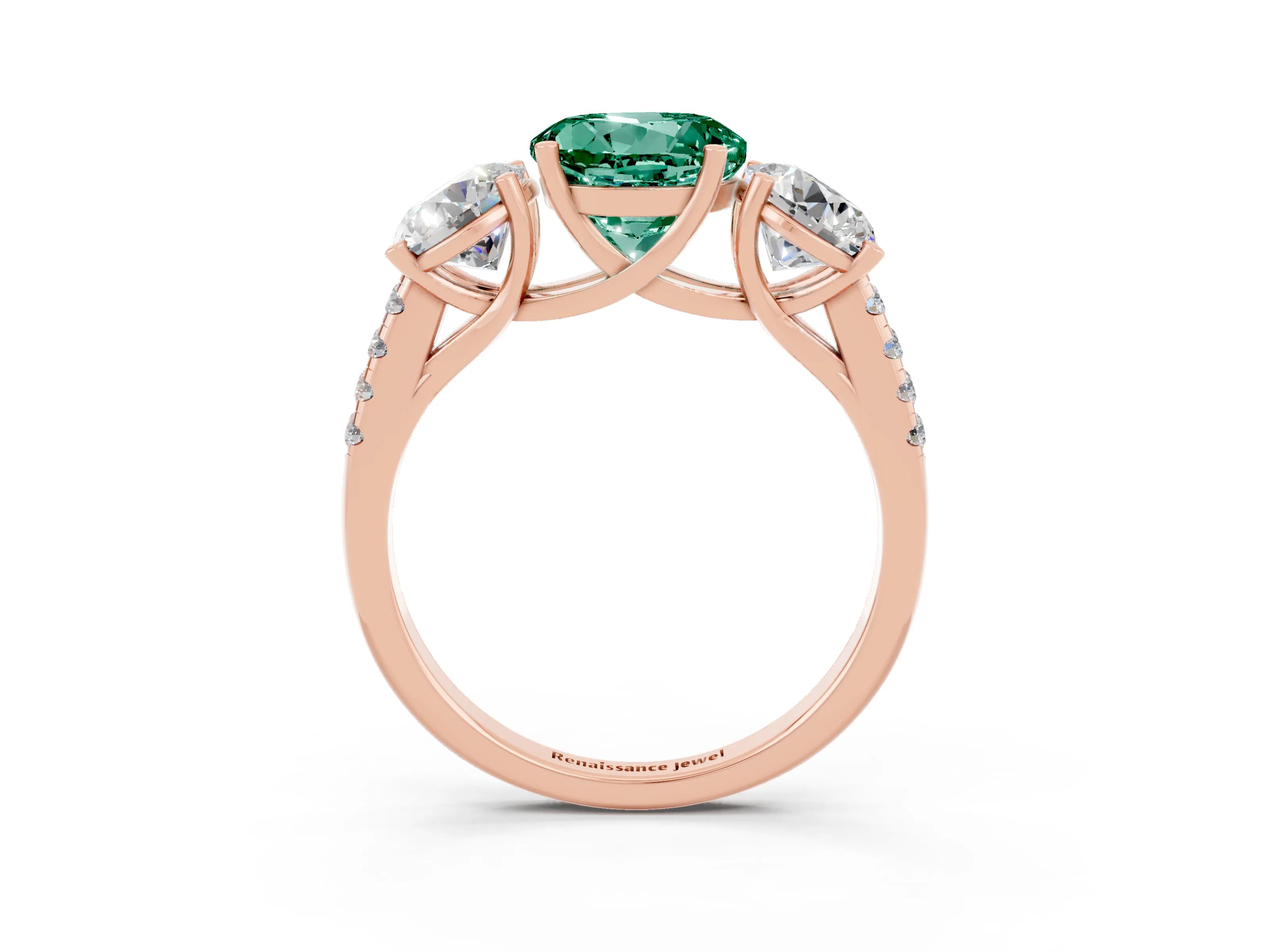 Rose gold Three-Stone Round Cut Green Sapphire Ring with Pavé Band and Prong Setting_15