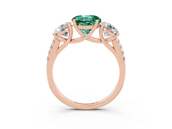 Rose gold Three-Stone Round Cut Green Sapphire Ring with Round  Pavé Band and Prong Setting