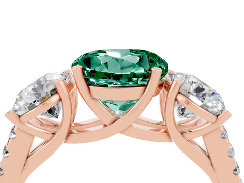 Rose gold Three-Stone Round Cut Green Sapphire Ring with Pavé Band and Prong Setting_16