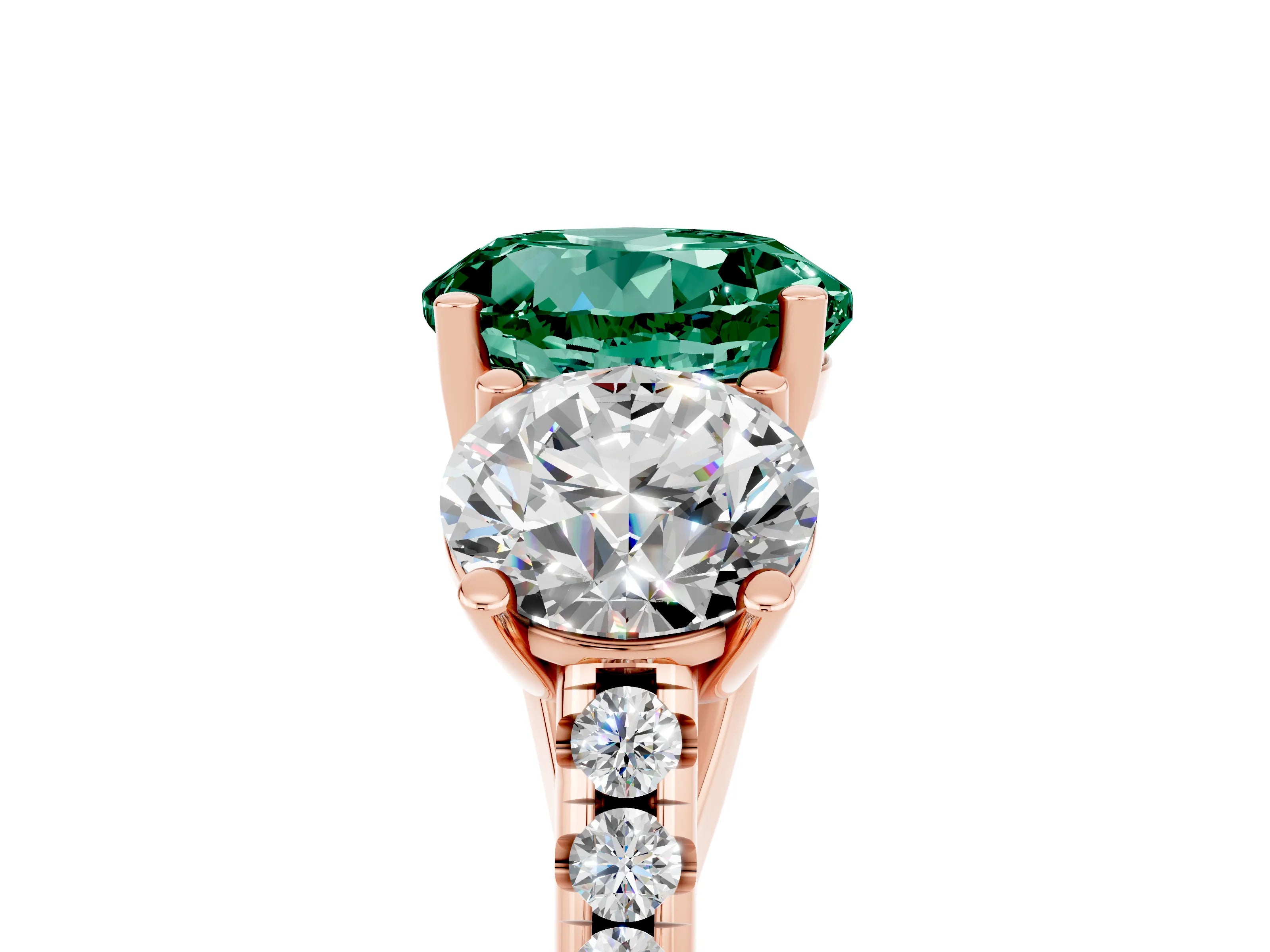 Rose gold Three-Stone Round Cut Green Sapphire Ring with Pavé Band and Prong Setting_17