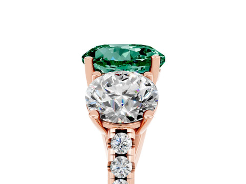 Rose gold Three-Stone Round Cut Green Sapphire Ring with Pavé Band and Prong Setting_17