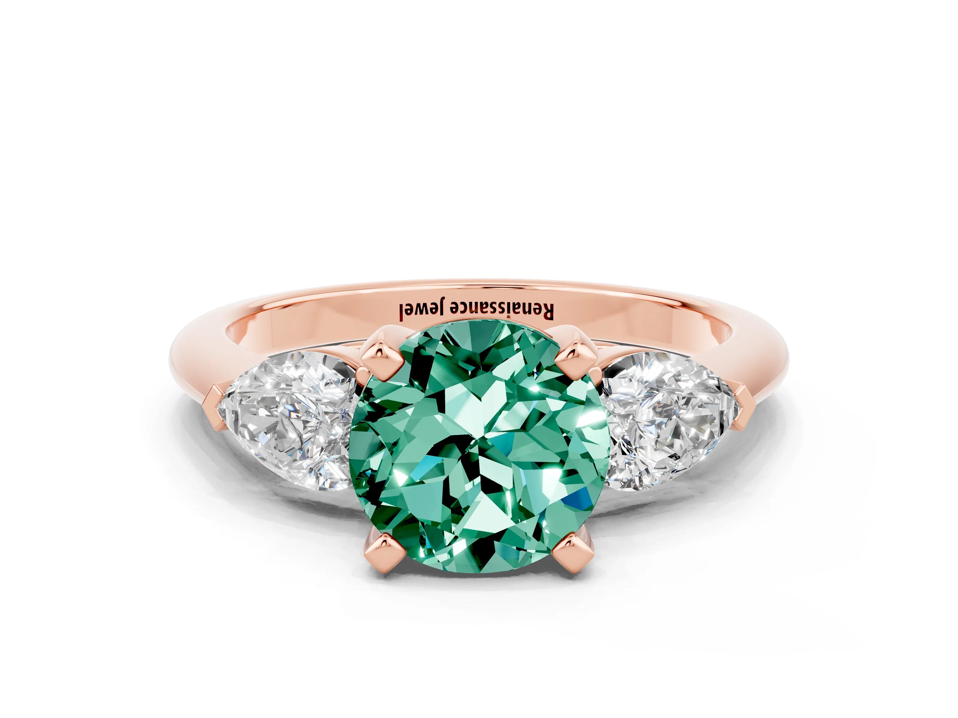 Rose gold Three-Stone Round Cut Green Sapphire Ring with Pear Side Stones and Four-Prong Setting