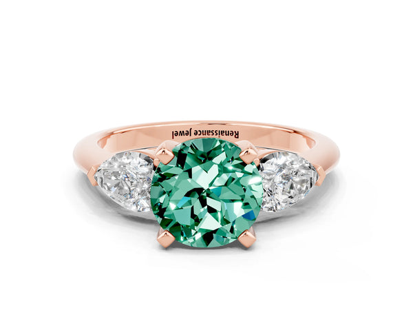Rose gold Three-Stone Round Cut Green Sapphire Ring with Pear Side Stones and Four-Prong Setting