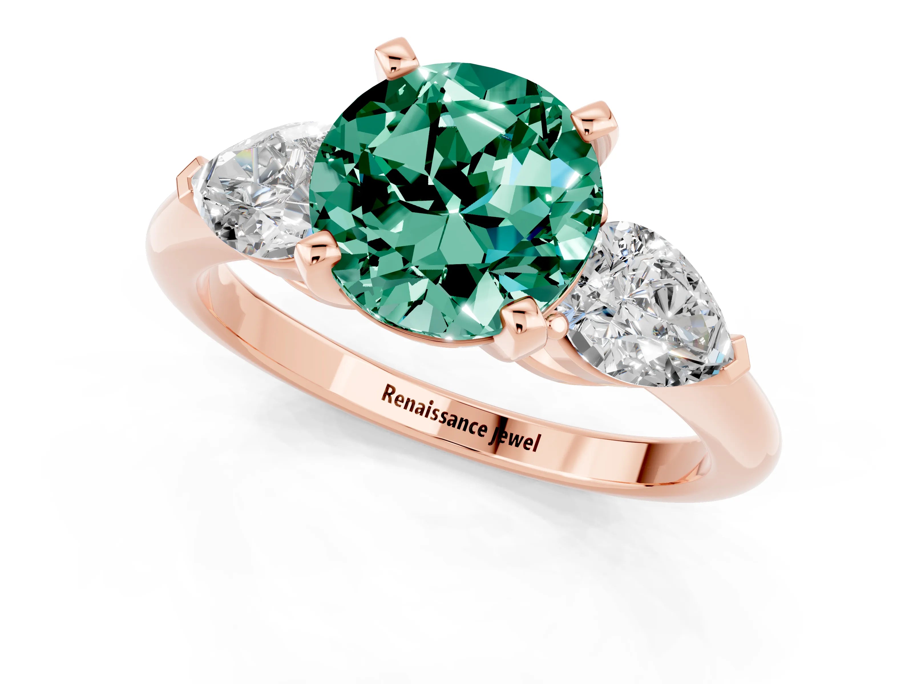 Rose gold Three-Stone Round Cut Green Sapphire Ring with Pear Side Stones and Four-Prong Setting_1
