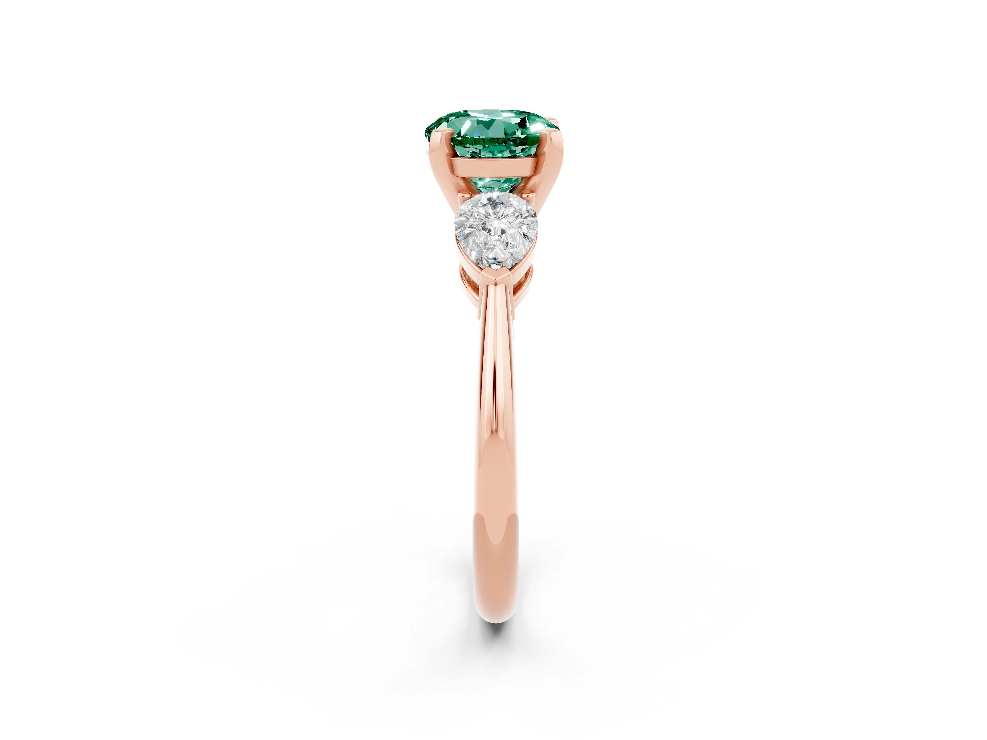 Rose gold Three-Stone Round Cut Green Sapphire Ring with Pear Side Stones and Four-Prong Setting_2