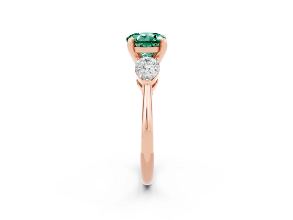 Rose gold Three-Stone Round Cut Green Sapphire Ring with Pear Side Stones and Four-Prong Setting