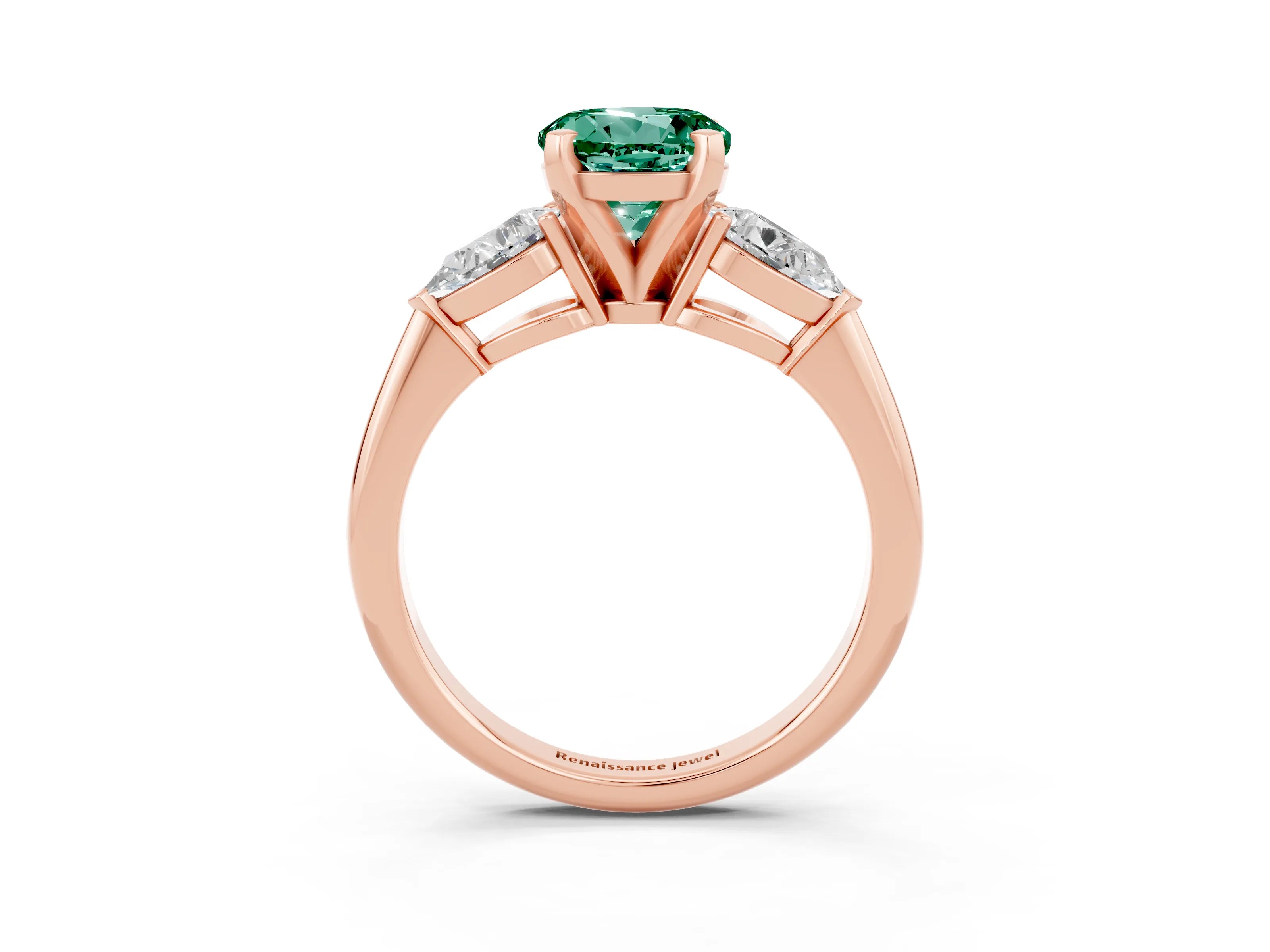 Rose gold Three-Stone Round Cut Green Sapphire Ring with Pear Side Stones and Four-Prong Setting_3