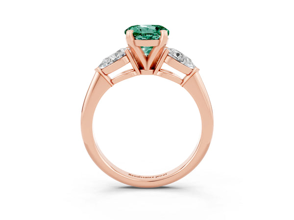 Rose gold Three-Stone Round Cut Green Sapphire Ring with Pear Side Stones and Four-Prong Setting