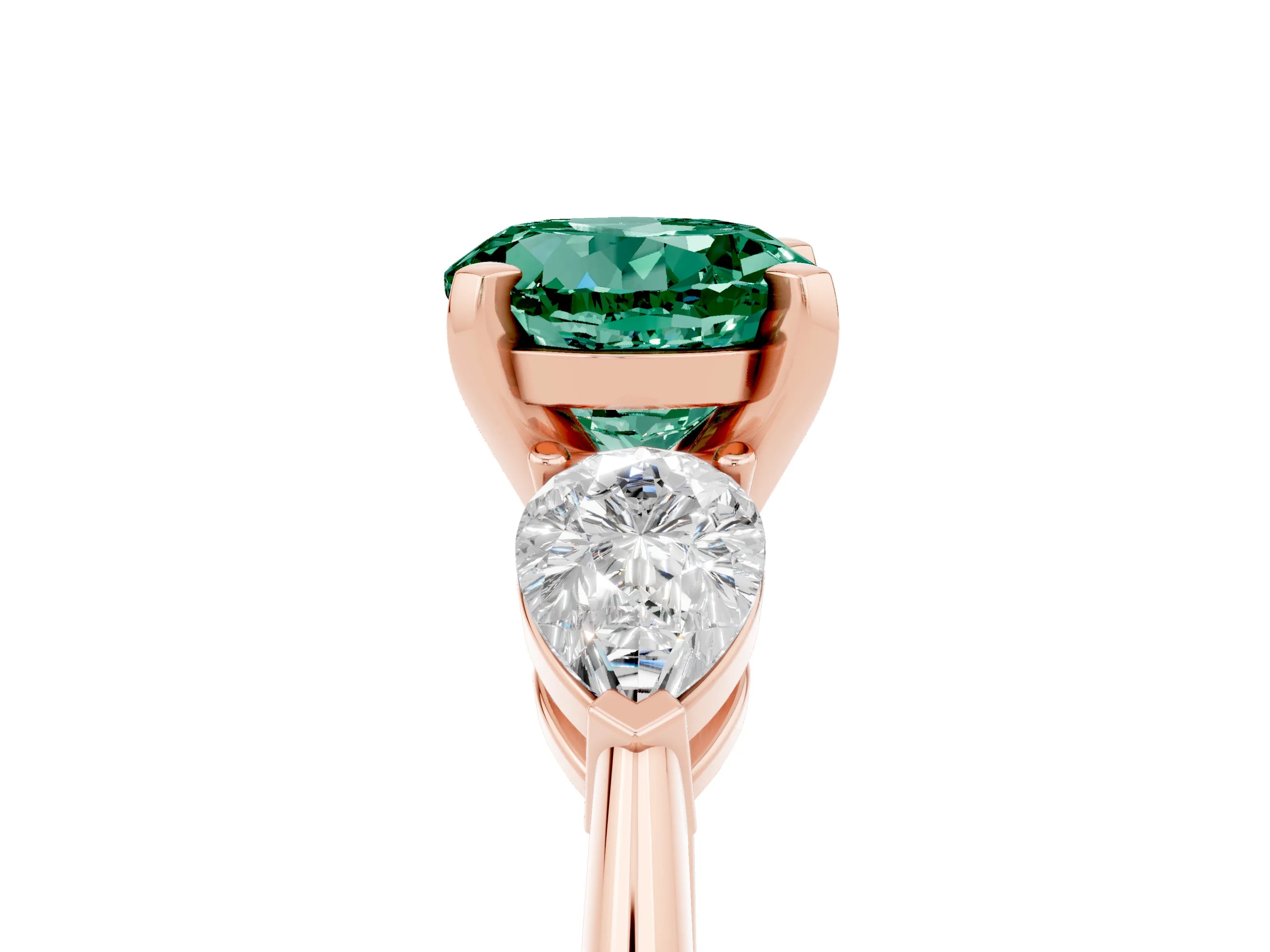 Rose gold Three-Stone Round Cut Green Sapphire Ring with Pear Side Stones and Four-Prong Setting_5