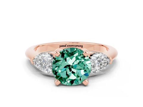 Rose gold Three-Stone Round Cut Green Sapphire Ring with Pear Side Stones and Four-Prong Setting