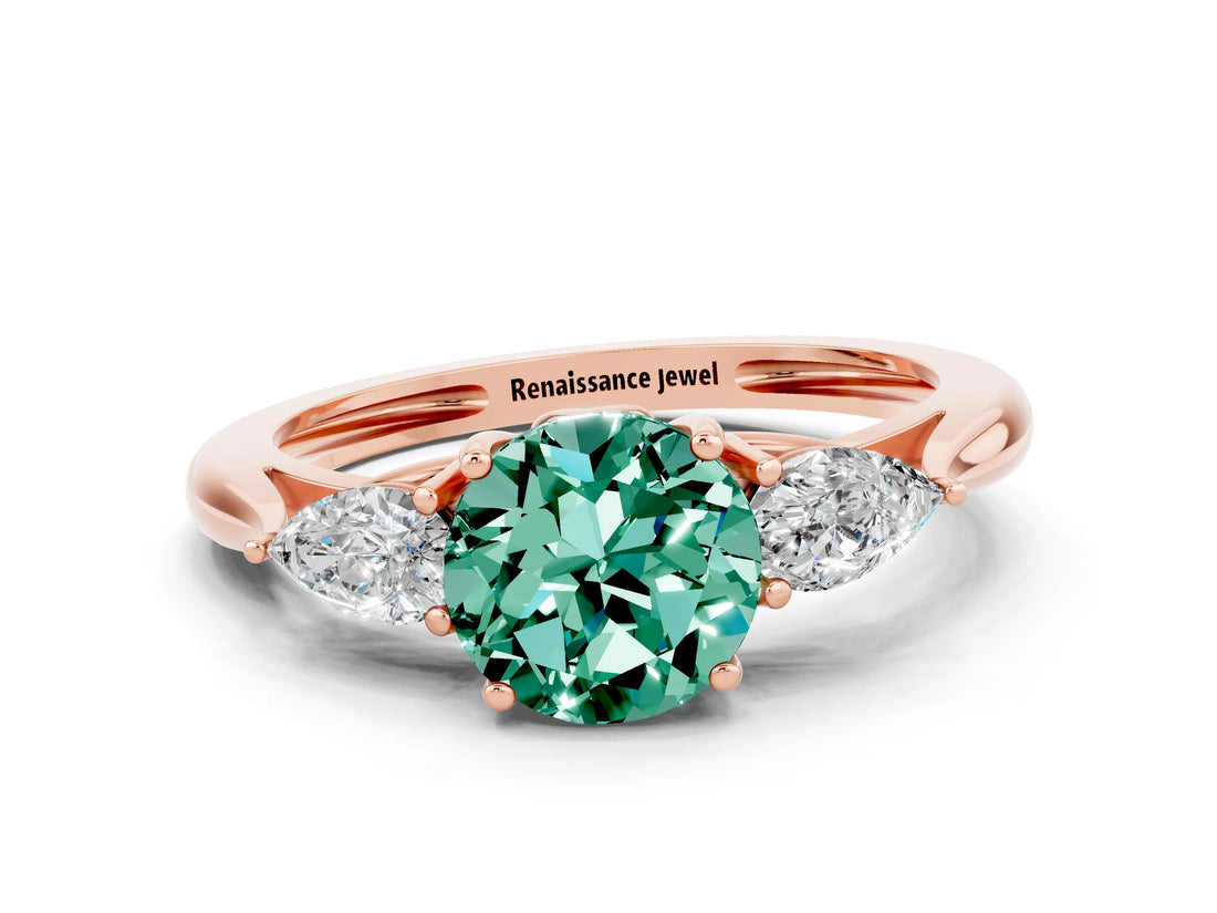 Rose gold Three-Stone Round Cut Green Sapphire Ring with Pear  Side Stones in Four-Prong Setting_36