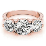 Rose gold Three-Stone Round Cut Milgrain Band Prong Setting Ring 1