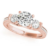 Rose gold Three-Stone Round Cut Milgrain Pave Band Prong Setting Ring 2