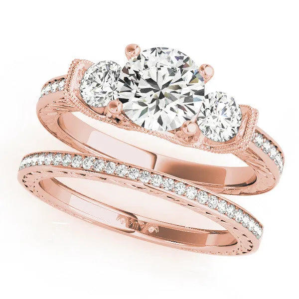 Rose gold Three-Stone Round Cut Milgrain Pave Band Prong Setting Ring