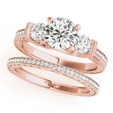 Rose gold Three-Stone Round Cut Milgrain Pave Band Prong Setting Ring