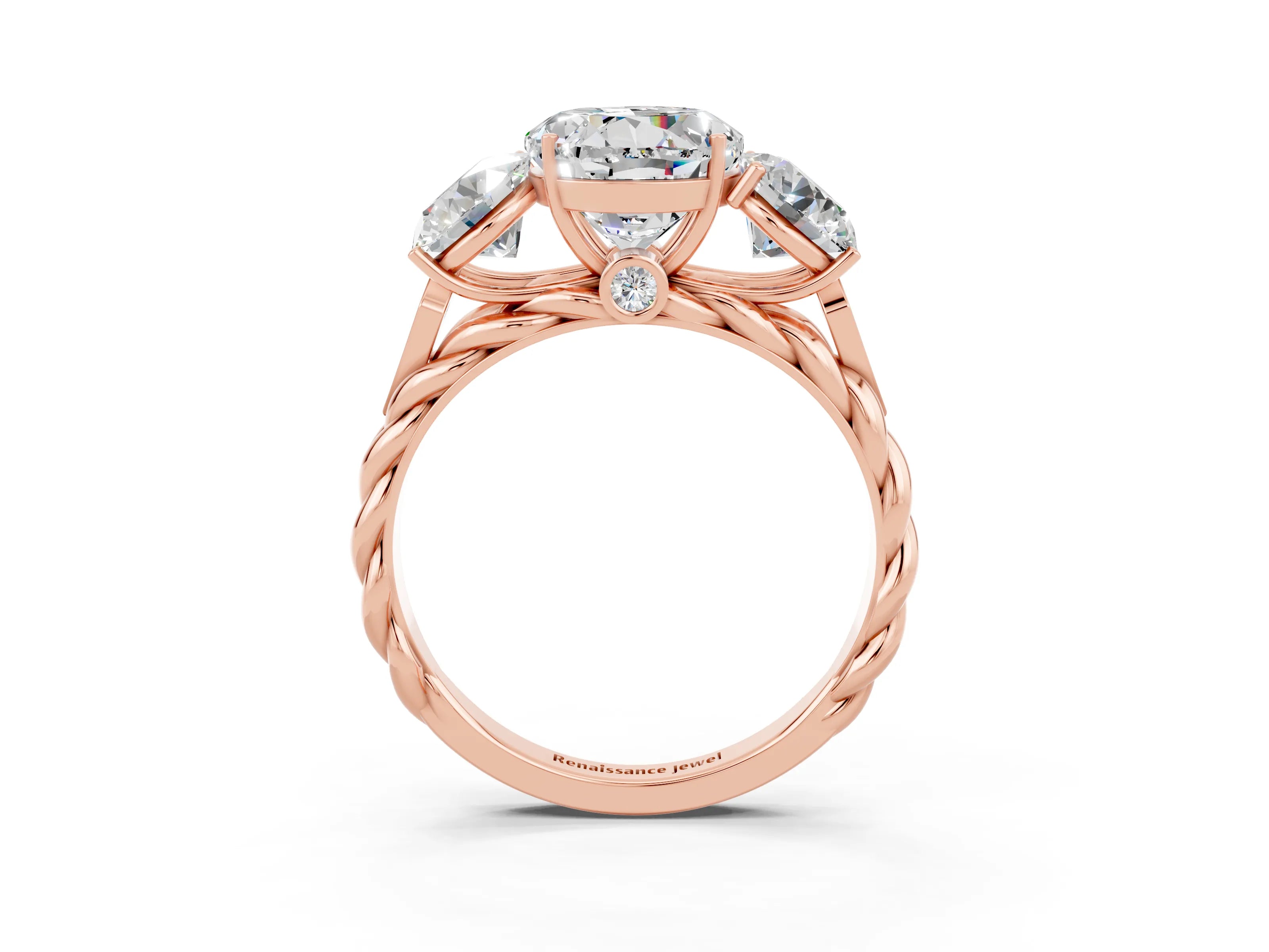 Rose gold Three-Stone Round Cut Moissanite Braided Band Ring with Four-Prong Setting_15