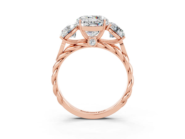Rose gold Three-Stone Round Cut Moissanite Braided Band Ring with Four-Prong Setting