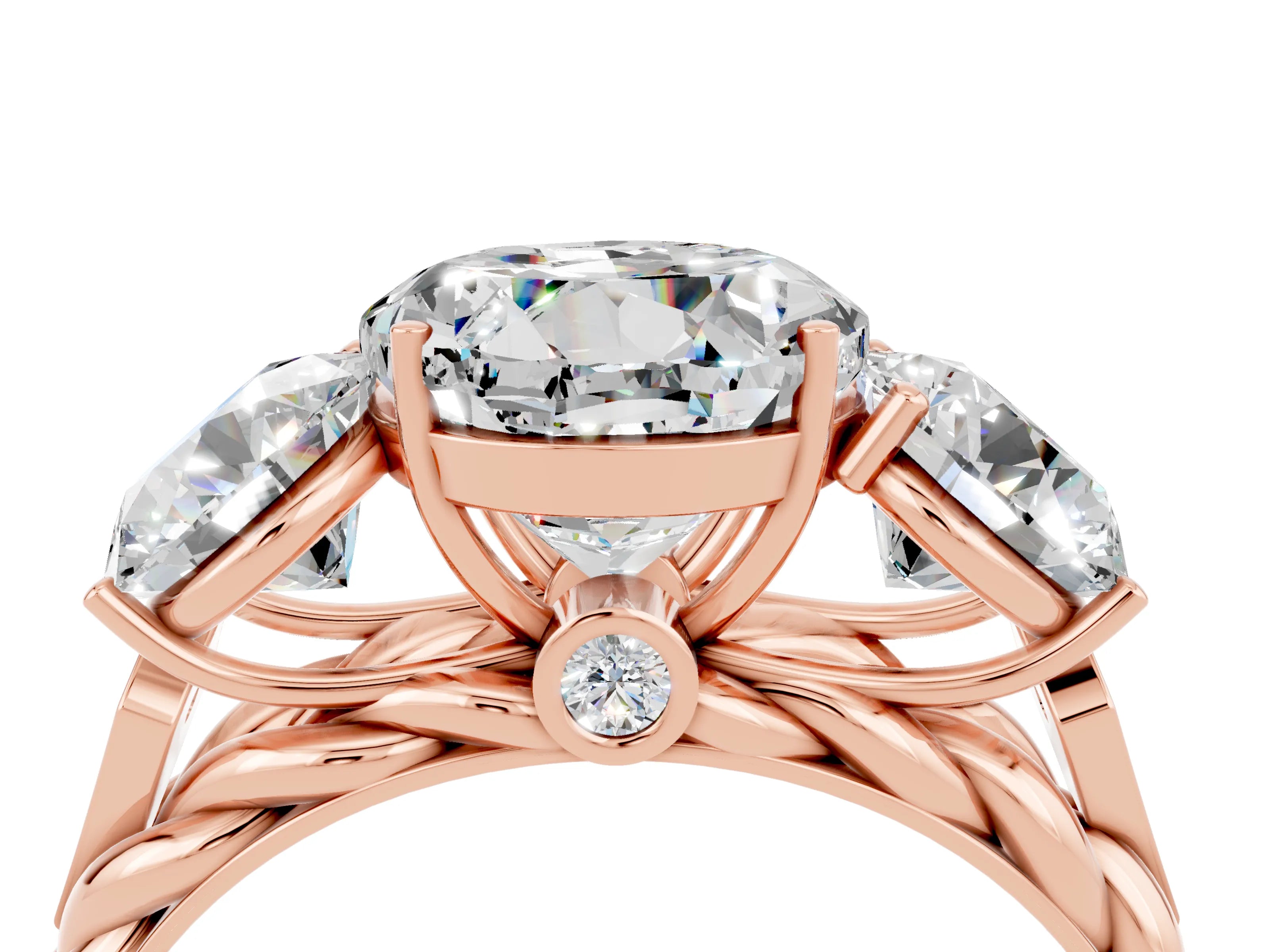 Rose gold Three-Stone Round Cut Moissanite Braided Band Ring with Four-Prong Setting_16