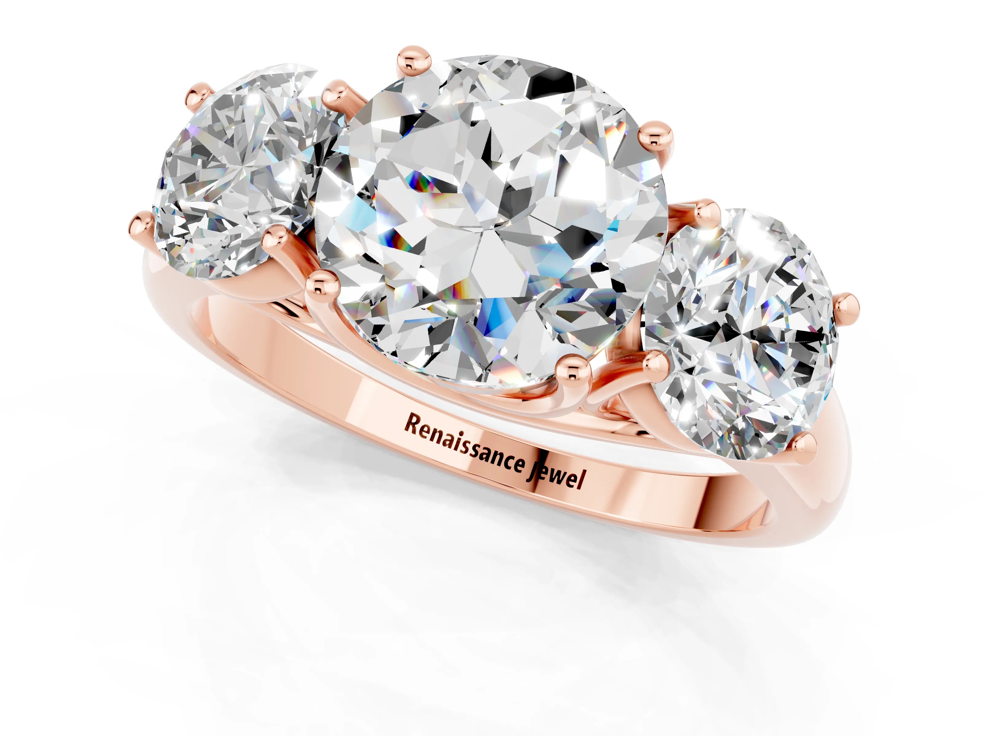 Rose gold Three-Stone Round Cut Moissanite Engagement Ring with Prong Setting_1