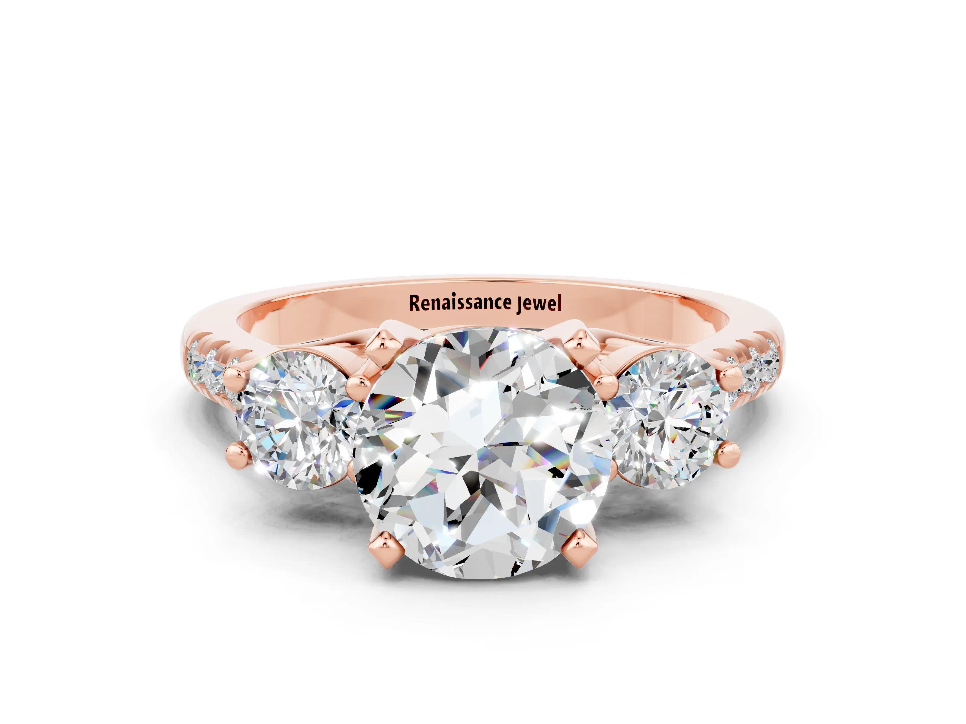 Rose gold Three-Stone Round Cut Moissanite Pavé Band with Four-Prong Setting