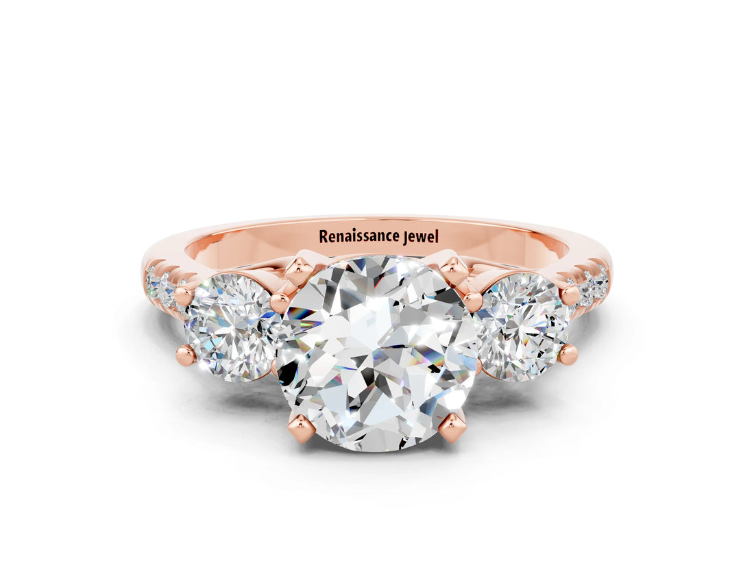 Rose gold Three-Stone Round Cut Moissanite Pavé Band with Four-Prong Setting