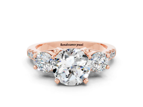 Rose gold Three-Stone Round Cut Moissanite Pavé Band with Four-Prong Setting