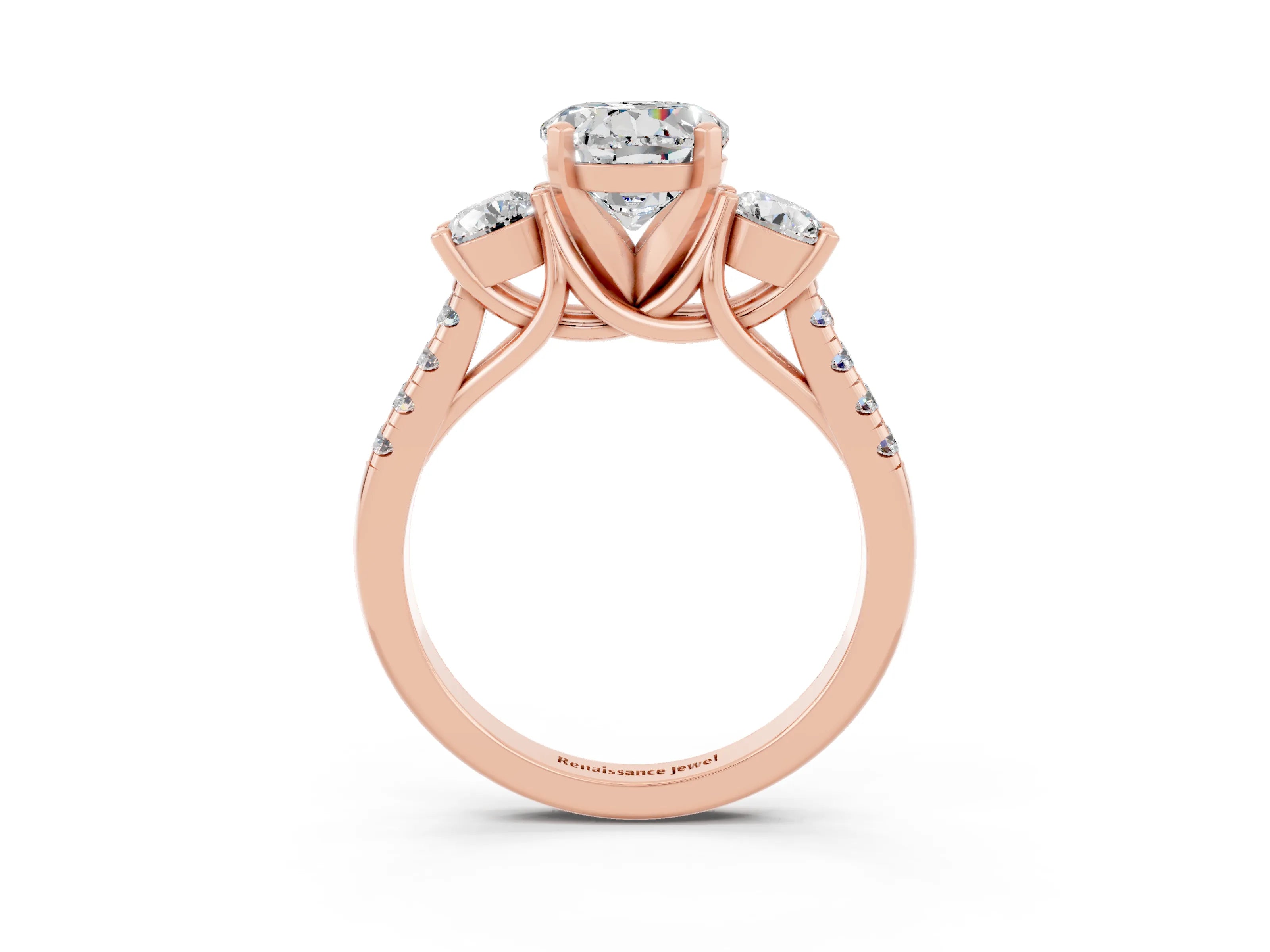 Rose gold Three-Stone Round Cut Moissanite Pavé Band with Four-Prong Setting_3