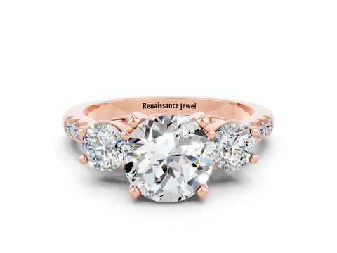 Rose gold Three-Stone Round Cut Moissanite Pavé Band with Four-Prong Setting