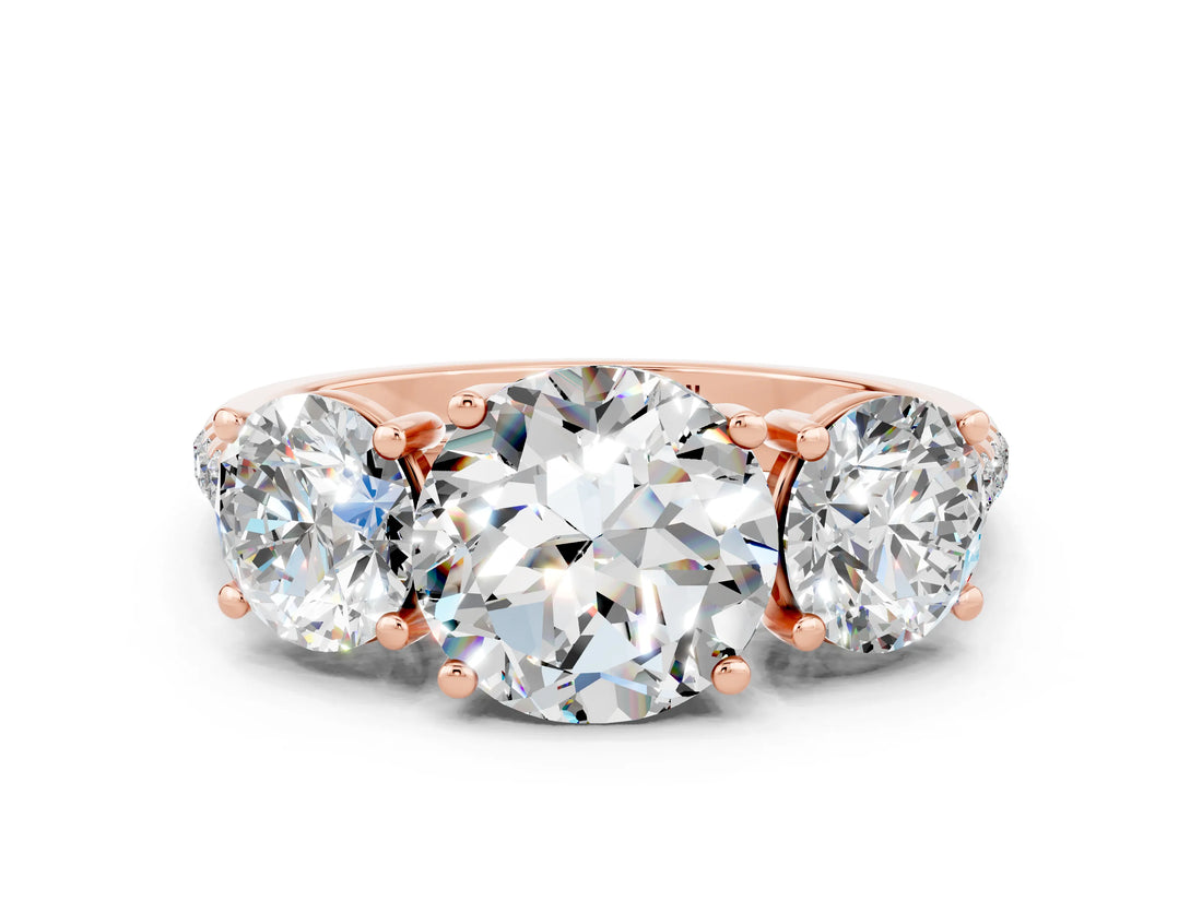Rose gold Three-Stone Round Cut Moissanite Ring with Pavé Band and Prong Setting_12