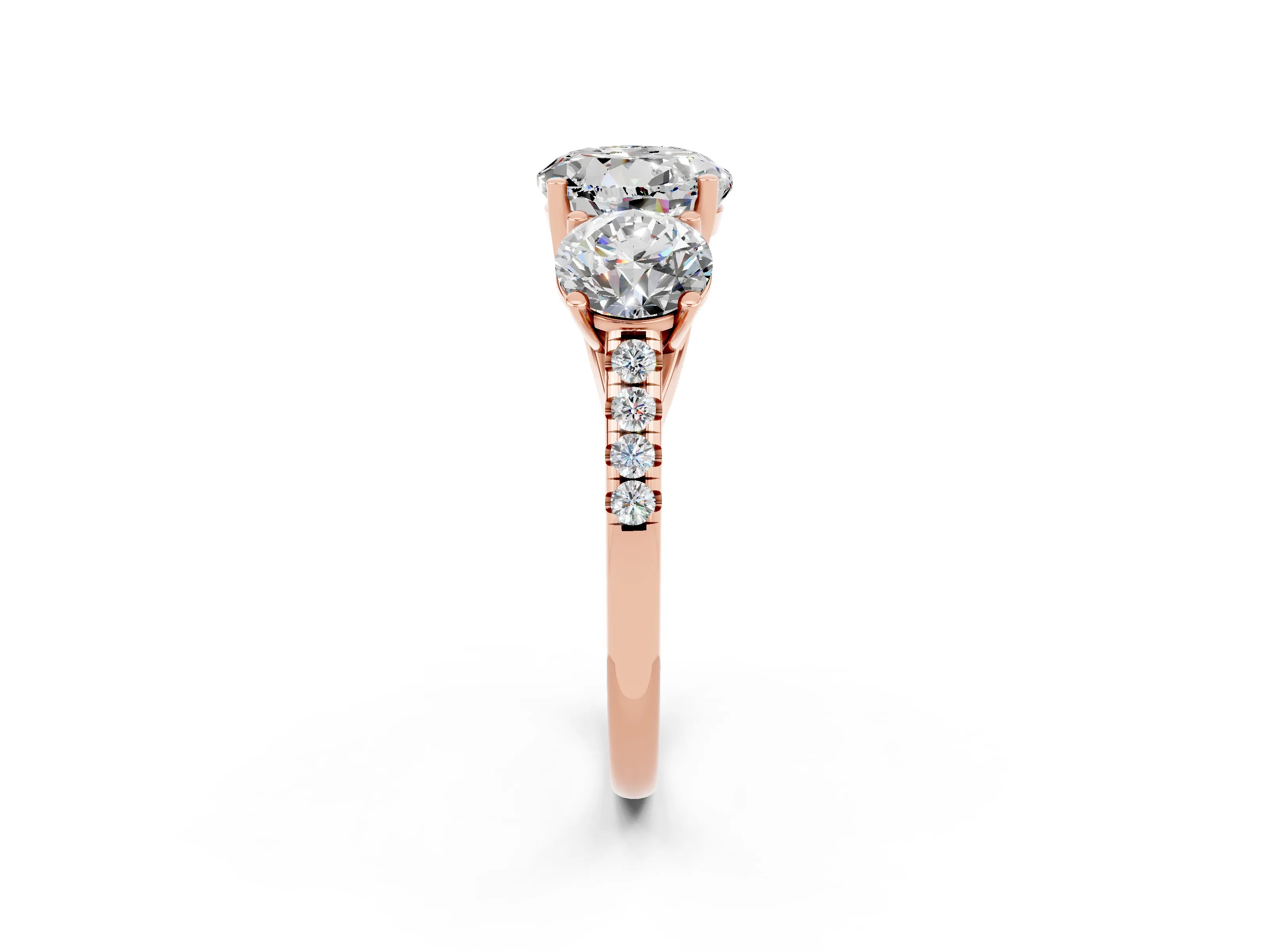 Rose gold Three-Stone Round Cut Moissanite Ring with Pavé Band and Prong Setting_14