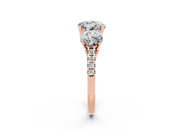Rose gold Three-Stone Round Cut Moissanite Ring with Round  Pavé Band and Prong Setting