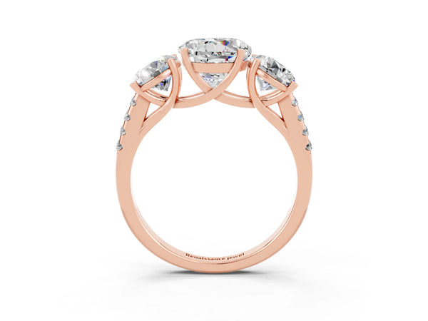 Rose gold Three-Stone Round Cut Moissanite Ring with Round  Pavé Band and Prong Setting
